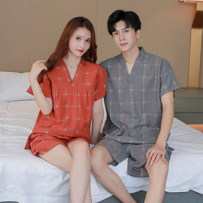カップル お揃い サウナ服 パジャマ 甚平 メンズ レディース ペアルック 2点セット セットアップ 上下セット Vネック チェック 半袖 半ズボン 夏 薄手 ...