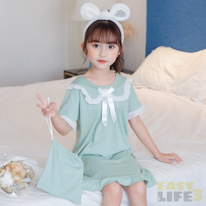 親子ペア パジャマ 夏 半袖 ワンピース ネグリジェ ルームウェア 綿100％ かわいい レース 丸襟 リボン 子供服 キッズ 子供 女の子 部屋着 寝間着 リンクコーデ 親子コーデ ママ 娘 収納袋付き 膝丈 夏パジャマ 親子 ペアルック おしゃれ 姉妹 室内着 ナイトウェア — vista 2