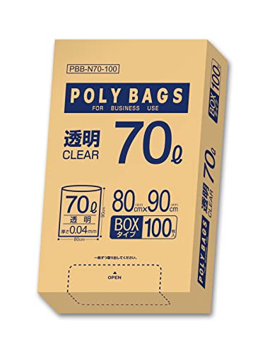 0.04mm透明/70L W80×H90cm 厚さ0.04mm/PBB-N70-100・Color:透明PatternName:70L・パッケージ個数:1・本体サイズ(1枚あたり)：幅80×長さ90cm 厚み0.04mm・パッケージサイズ：幅265×奥行440×高さ70mm・素材：低密度ポリエチレン・生産国：ベトナム・家庭でお使いいただけるツルツルタイプのポリ袋●厚手で丈夫な透明タイプの70Lのごみ袋 ●ツルツルした手触りの低密度ポリエチレン製 ●お買い得の100枚入り ●上部の取り出し口から片手でも1枚ずつ取り出し可能