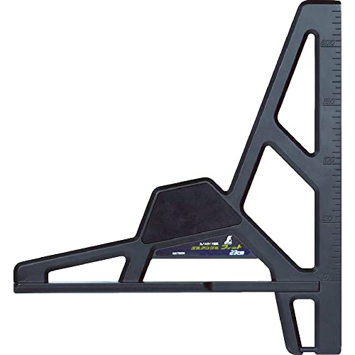 エルアングルブラック/23cm/78036・Size:23cm・パッケージ個数:1・測定範囲:0~23cm・最小読取値:5mm・直角度:100mmにつき0.2mm以下・材質:アルミ・本体サイズ:ガイド/304mm、幅:280mm職人さんの声から生まれた、握りのフィット感 ●高さ9mmの長い突き当て ・ツーバイ材などの面取り材やフロア材などにしっかり突き当てられ、長さも電気丸ノコのモーターを気にせずしっかり固定するスペースを確保 ●最適なガイド長さ ・23cm ・・・ツーバー材・野物材・造作材などの切断に便利 ・30cm ・・・フロア材などの切断に最適 ●突き当て確認窓 ・突き当てが材料にしっかりと密着しているか確認できる ●ステンレス細板 ・端部に接着剤を充填し剥がれにくい