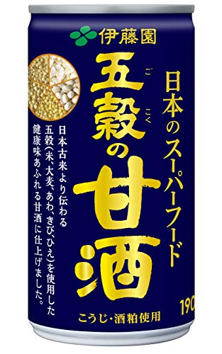 -/190グラム (x 30)/61827・パッケージ個数:1・内容量:190g×30本・容器:缶・原材料:砂糖(国内製造)、米、米こうじ、清酒粕、米粉、玄米、食塩、大麦、あわ、きび、ひえ/酸味料・栄養成分(100g当たり):エネルギー 65kcal、たんぱく質 0.7g、脂質 0g、炭水化物 15.4g、食塩相当量 0.11g、カリウム 1~10mg ※食品表示基準に基づき、脂質0.5g未満 (100g当たり)を脂質ゼロとしています。・アレルゲン:無し商品紹介 日本のスーパーフード! 濃くて芳醇な味わいの甘酒。日本伝統の五穀(米、大麦、あわ、きび、ひえ)と酒粕(※)を使用。(国産原料使用)五穀のおいしさと健康性を兼ね備えた「健康甘酒」であなたの元気と健康をサポート。一年を通してお愉しみいただけます。※アルコール0.2%未満 100g当たり、たんぱく質(0.7g)、脂質(0g)、炭水化物(15.4g)、食塩相当量(0.11g)、カリウム(1~10mg) 原材料・成分 砂糖(国内製造)、米、米こうじ、清酒粕、米粉、玄米、食塩、大麦、あわ、きび、ひえ/酸味料 使用方法 直射日光や高温多湿の場所を避けて保存してください ご注意（免責）＞必ずお読みください この製品は酒粕が入っていますのでご注意ください。アルコール0.2%未満
