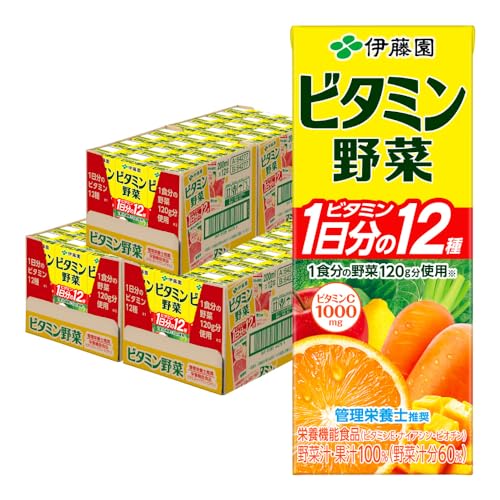パッケージ個数:3・野菜1食分、ビタミン1日分を補給 オレンジ味ですっきり飲みやすい 管理栄養士推奨の野菜・果汁飲料 伊藤園 ビタミン野菜 1日分のビタミン12種 1食分の野菜120g分使用 管理栄養士推奨 栄養機能食品 おいしさそのままに野菜汁を50%から60%にUP。 ビタミン野菜は、1食分の野菜120g※と1日分のビタミン12種が補給できる、栄養機能食品のにんじんミックスジュースです。 にんじん主体の21種類の野菜に、オレンジなど7種類の果実をミックス。オレンジ味でゴクゴク飲みやすい、すっきりした味わいに仕上げました。 全国の管理栄養士97%が推奨しています。 ※厚生労働省が推奨する1日当たりの野菜の摂取目標量350gより計算・生産者：伊藤園 / 原産国名： 日本・タイプ： 野菜系飲料・原材料 野菜(にんじん、トマト、赤ピーマン、大根、きゅうり、インゲン豆、ケール、レタス、ピーマン、アスパラガス、ブロッコリー、かぼちゃ、セロリ、あしたば、小松菜、パセリ、クレソン、キャベツ、ラディッシュ、ほうれん草、三つ葉)、果実(りんご、オレンジ、うんしゅうみかん、マンゴー、もも商品の説明 12種類のビタミンが1日分補給できる栄養機能食品の野菜汁・果汁100%飲料ですコップ1杯(180ml)当たり、野菜と一緒にビタミンC 1 000mgをはじめ、ビタミンE、ナイアシン、ビオチンなど計12種類のビタミンがそれぞれ1日分補給できますにんじんを主体とした21種類の野菜に、オレンジなど7種類のフルーツをミックスし、ゴクゴク飲めるすっきりした味わいに仕上げました 野菜飲料でNo.1のビタミン含有量野菜と一緒にビタミンが摂れる「ビタミン野菜」って、実はすごいんです すごさ、その1は「栄養満点」野菜と一緒に、1日分のビタミン12種が補給できる栄養機能食品です すごさ、その2は「ゴクゴク飲める」ニンジン主体にオレンジ・リンゴなどの果物を使用しているので、甘くてすっきりしたオレンジ味お子様にも嬉しい、ゴクゴク飲める味わいです 「ビタミン野菜」は、ビタミンEとナイアシン、ビオチンの入った栄養機能食品です 「ビタミンE」は、細胞の健康維持を助ける栄養素体内の脂質酸化を抗酸化作用によって守ります 「ナイアシン」と「ビオチン」は、皮膚や粘膜の健康維持を助ける栄養素です 安全警告 開封後は冷蔵庫で保存してください。