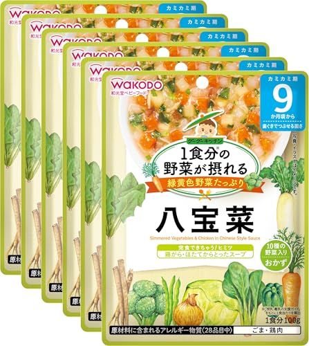 -/100グラム (x 6)/19215・FlavorName:八宝菜・パッケージ個数:6・原材料:野菜(にんじん、だいこん、キャベツ、ピーマン、さやいんげん、ごぼう、ブロッコリー、ほうれんそう、こまつな)、たまねぎピューレー、鶏肉、じゃがいも、チキンブイヨン、チキンエキス、砂糖、ごま油、ほたてエキス、食塩、米酢/増粘剤(加工でん粉)・内容量:100g・商品サイズ(高さx奥行x幅):16cm×6cm×12cm・調理するのが面倒な野菜を含め10種類の野菜が入っています。・野菜が溶け込んだ、こだわりいっぱいの味付けです。商品紹介 野菜不足を感じている、もっと野菜を摂らせたい時には1食分の野菜が摂れるグーグーキッチンがおすすめ。調理するのが面倒な野菜を含め10種類の野菜が入っています。野菜が溶け込んだ、こだわりいっぱいの味付けです。食べやすい食感にこだわりました。7大アレルゲン不使用。着色料、保存料、香料は使用していません。 1袋100g当たり エネルギー36kcal たんぱく質2.0g 脂質0.5g 炭水化物5.9g 食塩相当量0.4g 使用方法 調理済みですので、そのまま召し上がれます。温めますといっそうおいしく召し上がれます。●お湯で温める場合:袋の封を切らずにお湯の中に1~2分つけて温めてください。袋の穴に、はしなどを差し込んで取り出します。切り口から封をあけ、器などに移し、軽くかき混ぜてからお召し上がり下さい。※火にかけて沸騰させたまま温めないでください。●電子レンジで温める場合:中身を電子レンジ対応の容器に移し、ラップをかけて温めてください。加熱時間の目安は30秒(500W)程度です。※ラップをとる際に、熱くなった中身がはねることがありますのでご注意ください。 ご注意（免責）＞必ずお読みください ●熱湯の取扱にご注意ください。●加熱後は中身が熱くなっていますので、やけどなどしないように開封には十分ご注意ください。●温度を確認してからお子さまにあげてください。●食べ残しや作りおきはあげないでください。●月齢は目安です。あせらずに段階的にすすめましょう。●離乳のすすめ方については、専門家にご相談ください。