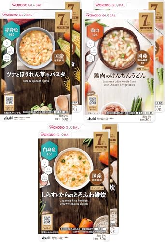 FlavorName:7か月 3種×2袋セットPatternName:120g×6袋・■ツナとほうれん草のパスタ【原材料】野菜(にんじん(国産)、ほうれんそう、カリフラワー)、じゃがいも、スパゲッティ、まぐろ水煮、スイートコーンペースト、全粉乳、ぶどう糖、バター、小麦粉、チキンブイヨン、食塩、ミルクカルシウム/増粘剤(加工でん粉)、ピロリン酸鉄 ■鶏肉のけんちんうどん【原材料】野菜(にんじん(国産)、だいこん、さやいんげん)、うどん(小麦を含む)、鶏ほぐし身、かつおだし、しょうゆ(大豆を含む)、ぶどう糖、チキンブイヨン、植物油脂、米酢、ミルクカルシウム、食塩/増粘剤(加工でん粉)、ピロリン酸鉄、ビタミンD ■しらすとたらのとろふわ雑炊【原材料】精白米(国産)、たまねぎペースト、野菜(にんじん、さやいんげん)、しらす、かつお昆布だし、たらほぐし身、米酢、ミルクカルシウム、食塩/増粘剤(加工でん粉)、ピロリン酸鉄・■ツナとほうれん草のパスタ【栄養成分表示】エネルギー:51kcal、たんぱく質:2.1g、脂質:1.3g、炭水化物:7.8g、食塩相当量:0.33g、カルシウム:50mg●この商品はレトルトパウチ食品です。●レトルトパウチ食品は、加圧加熱殺菌を行うことで、常温で長期保存することができます。保存料は使用しておりませんので、開封後は使いきり、食べ残しや作りおきはあげないでください。●着色料、香料は使用しておりません。●月齢は目安です。お子さまの成長に合わせてご使用ください。のどに詰まらせないよう、必ずそばで見守ってください。●離乳のすすめ方については、専門家にご相談ください。 ※原料の魚の一部が黒い粒に見える場合があります。