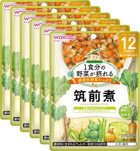 -/100グラム (x 6)/19224・FlavorName:筑前煮Size:100グラム (x 6)・パッケージ個数:6・原材料:野菜(にんじん、ごぼう、キャベツ、だいこん、ブロッコリー、さやいんげん、ほうれんそう、カリフラワー、こまつな)、じゃがいも、かつお昆布だし、オニオンソテー、鶏肉加工品(鶏肉、オニオンソテー、粒状大豆たん白、でん粉、粉末状大豆たん白)など・内容量:100g・商品サイズ(高さx奥行x幅):16cm×6cm×12cm・調理するのが面倒な野菜を含め10種類の野菜が入っています。・野菜が溶け込んだ、こだわりいっぱいの味付けです。商品紹介 野菜不足を感じている、もっと野菜を摂らせたい時には1食分の野菜が摂れるグーグーキッチンがおすすめ。調理するのが面倒な野菜を含め10種類の野菜が入っています。野菜が溶け込んだ、こだわりいっぱいの味付けです。野菜とやわらか鶏肉を炊きあげました。小麦を不使用のしょうゆ使用しています。7大アレルゲン不使用。着色料、保存料、香料は使用していません。 1袋100g当たり エネルギー38kcal たんぱく質1.3g 脂質0.6g 炭水化物6.9g 食塩相当量0.4g 使用方法 調理済みですので、そのまま召し上がれます。温めますといっそうおいしく召し上がれます。●お湯で温める場合:袋の封を切らずにお湯の中に1~2分つけて温めてください。袋の穴に、はしなどを差し込んで取り出します。切り口から封をあけ、器などに移し、軽くかき混ぜてからお召し上がり下さい。※火にかけて沸騰させたまま温めないでください。●電子レンジで温める場合:中身を電子レンジ対応の容器に移し、ラップをかけて温めてください。加熱時間の目安は30秒(500W)程度です。※ラップをとる際に、熱くなった中身がはねることがありますのでご注意ください。 ご注意（免責）＞必ずお読みください ●熱湯の取扱にご注意ください。●加熱後は中身が熱くなっていますので、やけどなどしないように開封には十分ご注意ください。●温度を確認してからお子さまにあげてください。●食べ残しや作りおきはあげないでください。●月齢は目安です。あせらずに段階的にすすめましょう。●離乳のすすめ方については、専門家にご相談ください。