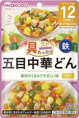 パッケージ個数:1・・バラエティ豊かな「具」がたっぷり ・離乳食で不足しがちな鉄もしくはカルシウムを強化 ・豚肉をふんわりやわらかく練って、たっぷりの野菜と一緒に鶏ガラ・ほたてからとったスープで煮込んだ風味豊かな中華どんのもとです。・●原材料情報　野菜（にんじん（国産）、とうもろこし、キャベツ、ピーマン）、オニオンソテー、豚肉加工品（豚肉、でん粉、食塩、海藻粉末）、チキンブイヨン、しょうゆ（大豆を含む）、しいたけ水煮、ほたてエキス、ごま油、食塩、米酢／増粘剤（加工でん粉）、ピロリン酸鉄・●栄養成分表示　エネルギー：35kcal、たんぱく質：1.0〜2.4g、脂質：0.66g、炭水化物：5.6g、食塩相当量：0.45g、鉄：1.5mg・●アレルゲン情報　ごま、大豆、鶏肉、豚肉・●レトルトパウチ食品は、加圧加熱殺菌を行うことで、常温で長期保存することができます。保存料は使用しておりませんので、開封後は使いきり、食べ残しや作りおきはあげないでください。●月齢は目安です。お子さまの成長に合わせてご使用ください。のどに詰まらせないよう、必ずそばで見守ってください。●離乳のすす・バラエティ豊かな「具」がたっぷり ・離乳食で不足しがちな鉄もしくはカルシウムを強化 ・豚肉をふんわりやわらかく練って、たっぷりの野菜と一緒に鶏ガラ・ほたてからとったスープで煮込んだ風味豊かな中華どんのもとです。