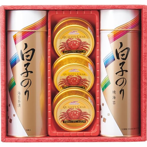 パッケージ個数:1・まるずわいがにほぐし肉（55g）×3、焼のり12袋詰（8切5枚）・のり茶漬（10袋）×各1商品紹介 まるずわいがにほぐし肉（55g）×3、焼のり12袋詰（8切5枚）・のり茶漬（10袋）×各1 原材料・成分 茶漬：調味顆粒(食塩、乳糖、砂糖、ぶどう糖、しいたけ粉末、かつお節粉末、あおさ粉末、粉末しょうゆ、昆布エキス、かつおエキス、でん粉、こんぶ粉末、抹茶、魚介エキス、ほたてエキス、デキストリン)(国内製造)、あられ、のり/調味料(アミノ酸等)、(一部に乳成分・小麦・大豆を含む)　カニ缶：まるずわいがに、砂糖、食塩、魚介エキス/調味料(アミノ酸等)、増粘剤(キサンタン)、リン酸塩(Na K)、?調整剤、酸化防止剤(亜硫酸塩)、(一部にかにを含む)　焼のり：乾のり(国産)