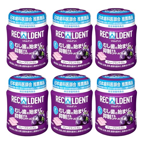 -/ボトル×6個 (135.2g×6)/4547894200155・FlavorName:グレープミントSize:ボトル×6個 (135.2g×6)・ガム商品紹介 「むし歯の始まり(脱灰)を抑制するCPP-ACP」の特保のガム！ ?リカルデントだけの牛乳由来成分「CPP-ACP（関与成分）」による、3つの特徴： むし歯の始まり（脱灰）を抑える 歯の再石灰化を促進する 歯の耐酸性を増強する ?歯を丈夫で健康にするのに役立ちます ? 日本歯科医師会 推薦商品 原材料・成分 マルチトール(中国製造又はタイ製造）、還元水飴、CPP−ACP（カゼインホスホペプチド非結晶リン酸カルシウム）、加工油脂／甘味料（ソルビトール、キシリトール、アスパルテーム・L−フェニルアラニン化合物、アセスルファムK、スクラロース）、ガムベース、香料、アラビアガム、マンニトール、酸味料、レシチン、植物ワックス、着色料（野菜色素、クチナシ）、（一部に乳成分・大豆を含む）