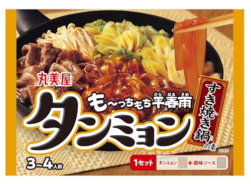 FlavorName:すき焼き鍋の素×4個・原材料：［調味ソース］砂糖、醤油、食塩、発酵調味料、ビーフエキス、牛脂、大豆油、たん白加水分解物、鰹節エキス調味料／調味料（アミノ酸）、カラメル色素、（一部に小麦・牛肉・大豆を含む）｜ ［タンミョン］春雨（でん粉）（中国製造）・商品サイズ(高さx奥行x幅):16.8cm×10cm×24cm商品紹介 ・もちもち食感が特徴の平春雨「タンミョン」と「調味ソース」がセットになった商品です。 ・韓国で話題になったもちもち食感で幅広タイプの「タンミョン」を和風のメニューで楽しめます。 ・用意する材料は、牛肉（薄切り）、白菜、えのきだけ、長ねぎ。 ・お子様も食べやすい醤油ベースの甘じょっぱい「すき焼き味」の鍋仕立てなので、家族みんなで楽しめます。 　 ※「タンミョン」とは・・・春雨を意味する韓国語です。 原材料・成分 ［調味ソース］砂糖、醤油、食塩、発酵調味料、ビーフエキス、牛脂、大豆油、たん白加水分解物、鰹節エキス調味料／調味料（アミノ酸）、カラメル色素、（一部に小麦・牛肉・大豆を含む）｜ ［タンミョン］春雨（でん粉）（中国製造）