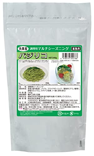パッケージ個数:2・原材料:食塩、バジル、フライドガーリック/調味料(アミノ酸等)、卵殻カルシウム、クチナシ色素、(一部に卵を含む)・商品サイズ(高さx奥行x幅):23.5cm×14cm×14cm商品紹介 合わせる素材によって多彩なメニューアレンジが可能! お好みに合わせて味の加減が調整できる、粉末タイプのシーズニングです。 ソースやドレッシングなどの液体調味料と比べて液だれの心配や材料のロスがありません。 スタンドパウチ入りなので使用の際の保管も省スペース! ! 香り高いバジルとフライドガーリックが織りなす絶妙なハーモニーに思わず食欲がそそられます。・原材料・成分 食塩(国内製造)、バジル、フライドガーリック、酵母エキス、パセリ、にんにく粉末、胡椒、デキストリン/調味料(アミノ酸等)、(一部に大豆を含む)