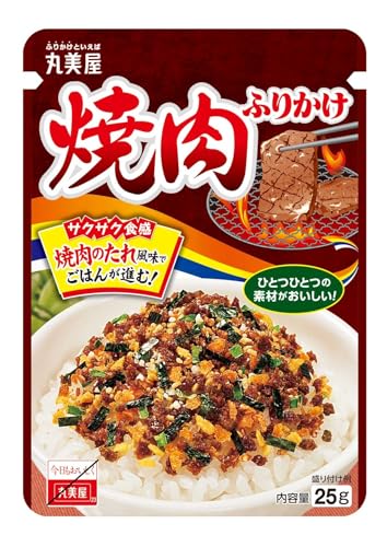 原材料:大豆加工品（国内製造）、乳糖、いりごま、砂糖、デキストリン、食塩、香味油、醤油、牛肉、にんじん、でん粉、フライドガーリック、牛脂、焼肉風味シーズニング、味付のり、エキス（鰹節、酵母、チキン、オニオン、ビーフ）、小麦粉、植物油脂、香辛料、ねぎ、りんご濃縮果汁、鶏卵加工品、植物性たん白、海藻カルシウム、マーガリン、還元水あめ、乳製品、ぶどう糖果糖液糖、イースト、玉ねぎ粉末、ぶどう糖、水あめ／調味料（アミノ酸等）、着色料（カラメル、紅麹、カロチノイド）、セルロース、グリセリン、酸味料、香料、酸化防止剤（ビタミンE）、香辛料抽出物、（一部に卵・乳成分・小麦・牛肉・ごま・大豆・鶏肉・豚肉・りんごを含む）・商品サイズ(高さx奥行x幅):17cm×12cm×12.3cm商品紹介 ・サクサク食感のドライタイプふりかけで、ごはんが進む少し濃い目の味付けです。 ・牛肉の旨味と焼肉のたれの甘辛さがクセになる味わいです。 ・ごはんにしっかり合う「焼肉のたれ感」が食欲をそそります。 ・保存に便利な、チャック付きです。 ・使いやすい小容量タイプ。 原材料・成分 大豆加工品（国内製造）、乳糖、いりごま、砂糖、デキストリン、食塩、香味油、醤油、牛肉、にんじん、でん粉、フライドガーリック、牛脂、焼肉風味シーズニング、味付のり、エキス（鰹節、酵母、チキン、オニオン、ビーフ）、小麦粉、植物油脂、香辛料、ねぎ、りんご濃縮果汁、鶏卵加工品、植物性たん白、海藻カルシウム、マーガリン、還元水あめ、乳製品、ぶどう糖果糖液糖、イースト、玉ねぎ粉末、ぶどう糖、水あめ／調味料（アミノ酸等）、着色料（カラメル、紅麹、カロチノイド）、セルロース、グリセリン、酸味料、香料、酸化防止剤（ビタミンE）、香辛料抽出物、（一部に卵・乳成分・小麦・牛肉・ごま・大豆・鶏肉・豚肉・りんごを含む）