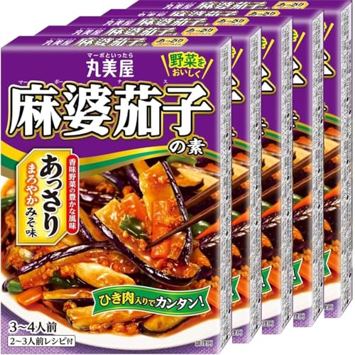 麻婆茄子の素・FlavorName:麻婆茄子の素 あっさりみそ味×5個PatternName:麻婆野菜の素・原材料：鶏肉（国産）、醤油、砂糖、みそ、にんにく、大豆油、エキス（魚介、チキン、酵母）、たん白加水分解物、豆板醤、食塩、生姜ペースト／増粘剤（加工でん粉、キサンタン）、調味料（アミノ酸等）、カロチノイド色素、（一部に小麦・大豆・鶏肉・豚肉を含む）・商品サイズ(高さx奥行x幅):17.5cm×7.5cm×12.5cm商品紹介 ・丸美屋特製の麻婆ソースで野菜やお肉が手軽においしく食べられる、麻婆茄子の素です。 ・フライパン1つでできる簡単調理、手間をかけずにサッと作れます。 ・3〜4人前なので、家族みんなで楽しめるメニューです。 ・醤油と味噌をベースに豆板醤（トウバンジャン）を加え、隠し味に生姜の風味を効かせました。すっきりとしながらもコクのある、ごはんによく合う味わいです。 原材料・成分 鶏肉（国産）、醤油、砂糖、みそ、にんにく、大豆油、エキス（魚介、チキン、酵母）、たん白加水分解物、豆板醤、食塩、生姜ペースト／増粘剤（加工でん粉、キサンタン）、調味料（アミノ酸等）、カロチノイド色素、（一部に小麦・大豆・鶏肉・豚肉を含む）