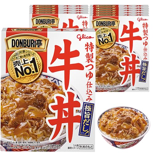 PatternName:通常品・【食べきりタイプ】具材と味にこだわったレトルト牛丼のもとです。・【味のこだわり】厳選した3つの素材(かつお・昆布・焼あご)を合わせたこだわりの極旨だしの旨みを加えた特製つゆと、柔らかく煮込んだ牛肉のおいしさをご賞味ください。・【便利なレトルト】お湯や電子レンジで温めるだけで簡単&手軽に食べ応えのあるどんぶりご飯が楽しめます。・【普段の食事に】毎日の食事の準備って大変ですよね。手軽に済ませたいテレワーク時の在宅メシや、お昼ごはんに大活躍です。・【いざという時の備えにも】常温で保存できるので、もしもの災害時にローリングストックとしての活用もおすすめしております。商品紹介 ・グリコのレトルト食品【DONBURI亭】シリーズより、食べきりタイプのご紹介です。 ・【DONBURI亭シリーズ】は、お湯やレンジで温めるだけで簡単&手軽に食べ応えのあるどんぶりご飯が楽しめるレトルトどんぶりのもとです。 ・味の決め手はDONBURI亭オリジナルの【極旨だし】! 「かつお・昆布・焼あご」3種の合わせだしで、旨みを最大化する黄金比を実現しました。【極旨だし】の旨みを加えた特製つゆと、柔らかく煮込んだ牛肉のおいしさをご賞味ください。 ・常温保存できるので、忙しい時・手軽に済ませたい時の食事の為の買い置きにもおすすめです。 ・離れて暮らす家族への仕送りや、自宅療養のお見舞いなどにもご活用ください。 原材料・成分 牛肉(オーストラリア、アメリカ)、たまねぎ、しらたき、味付たまねぎ(たまねぎ、なたね油、香味油)、しょうゆ、砂糖、水あめ、香味油、発酵調味料、ポークブイヨン、りんご濃縮果汁、しょうがペースト、食塩、食物繊維、にんにくペースト、しょうゆ風味ペースト、酵母エキス、たん白加水分解物、かつおエキス、カラメルシラップ、香辛料、焼きあごエキス、こんぶエキス、食酢、しょうがエキス、果糖ぶどう糖液糖、クリーミングパウダー、植物油脂、粉末酒かす、ぶどう糖、らかんかエキスパウダー/増粘剤(加工デンプン)、加工デンプン、pH調整剤、酸化防止剤(V.C)、乳化剤、カラメル色素、香料、糊料(増粘多糖類)、(一部に乳成分・小麦・牛肉・大豆・鶏肉・豚肉・りんごを含む)