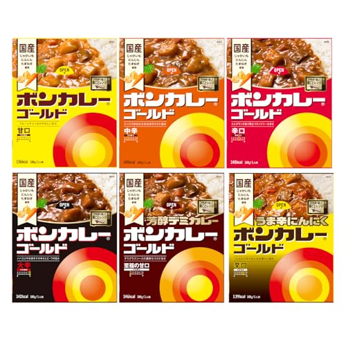 -/180g×6/-・FlavorName:全6種Size:180g×6・レンジ調理対応レトルトカレーアソート・●甘口カレー:野菜(じゃがいも(国産)、にんじん)、ソテーオニオン、牛肉、小麦粉、砂糖、豚脂、チャツネ、肉エキス(ビーフ、チキン)、トマトペースト、食塩、カレー粉、バナナピューレ、マンゴーピューレ、りんごペースト、カレペースト、脱脂粉乳、酵母エキス/増粘剤(加工デンプン)、調味料(アミノ酸等)、酸味料、パプリカ色素、リンゴ抽出物、香料、(一部に小麦・乳成分・牛肉・大豆・鶏肉・バナナ・豚肉・りんごを含む)●中辛カレー:野菜(じゃがいも(国産)、にんじん)、ソテーオニオン、牛肉、小麦粉、豚脂、砂糖、肉エキス(ビーフ、チキン)、チャツネ、食塩、カレー粉、カレーペースト、りんごペースト、脱脂粉乳、乳等を主要原料とする食品、ソテーオニオンエキス、酵母エキス、おろしにんにく/増粘剤(加工デンプン)、調味料(アミノ酸等)、カラメル色素、酸味料、パプリカ色素、香料、(一部に小麦・乳成分・牛肉・大豆・鶏肉・バナナ・豚肉・りんごを含む)・●辛口カレー:野菜(じゃがいも(国産)、に商品紹介 ボンカレーゴールド 6種類アソートセット 原材料・成分 ●甘口カレー:野菜(じゃがいも(国産)、にんじん)、ソテーオニオン、牛肉、小麦粉、砂糖、豚脂、チャツネ、肉エキス(ビーフ、チキン)、トマトペースト、食塩、カレー粉、バナナピューレ、マンゴーピューレ、りんごペースト、カレペースト、脱脂粉乳、酵母エキス/増粘剤(加工デンプン)、調味料(アミノ酸等)、酸味料、パプリカ色素、リンゴ抽出物、香料、(一部に小麦・乳成分・牛肉・大豆・鶏肉・バナナ・豚肉・りんごを含む)●中辛カレー:野菜(じゃがいも(国産)、にんじん)、ソテーオニオン、牛肉、小麦粉、豚脂、砂糖、肉エキス(ビーフ、チキン)、チャツネ、食塩、カレー粉、カレーペースト、りんごペースト、脱脂粉乳、乳等を主要原料とする食品、ソテーオニオンエキス、酵母エキス、おろしにんにく/増粘剤(加工デンプン)、調味料(アミノ酸等)、カラメル色素、酸味料、パプリカ色素、香料、(一部に小麦・乳成分・牛肉・大豆・鶏肉・バナナ・豚肉・りんごを含む)●辛口カレー:野菜(じゃがいも(国産)、にんじん)、ソテーオニオン、牛肉、小麦粉、豚脂、砂糖、ビーフエキス、カレー粉、チャツネ、食塩、トマトペースト、カレーペースト、りんごペースト、脱脂粉乳、ウスターソース、酵母エキス、おろしにんにく、ソテーオニオンエキス、香辛料、調味唐辛子/増粘剤(加工デンプン)、調味料(アミノ酸等)、カラメル色素、酸味料、香辛料抽出物、香料、パプリカ色素、(一部に小麦・乳成分・牛肉・大豆・鶏肉・バナナ・豚肉・りんごを含む)●大辛カレー:野菜(じゃがいも(国産)、にんじん)、ソテーオニオン、牛肉、小麦粉、豚脂、砂糖、おろしにんにく、カレー粉、チャツネ、ビーフエキス、食塩、トマトペースト、カレーペースト、ウスターソース、りんごペースト、脱脂粉乳、フライドガーリック、酵母エキス、香辛料/調味料(アミノ酸等)、増粘剤(加工デンプン)、カラメル色素、酸味料、パプリカ色素、香料、(一部に小麦・乳成分・牛肉・大豆・鶏肉・バナナ・豚肉・りんごを含む)●芳醇デミカレー:野菜(じゃがいも(国産)、にんじん)、ソテーオニオン、牛肉、小麦粉、豚脂、砂糖、トマトペースト、ビーフエキス、チャツネ、食塩、カレー粉、赤ワイン、乳等を主要原料とする食品、ビーフエキス調味料、カレーペースト、りんごペースト、脱脂粉乳、デミグラスソース、酵母エキス、ソテーオニオンエキス、おろしにんにく/増粘剤(加工デンプン)、調味料(アミノ酸等)、カラメル色素、酸味料、香料、(一部に小麦・乳成分・牛肉・大豆・鶏肉・バナナ・豚肉・りんご・ゼラチンを含む) 使用方法 温め方 1 箱をあける おもて面のOPENよりフタをあけ、しっかりと折り返します。中袋の封は切らないでください。 2 箱ごとレンジで温める フタを折り返したままレンジに入れ、表を目安に加熱してください。中袋がふくらみ蒸気口から蒸気が抜けます。 3 箱を持ってとりだす 加熱時間の目安 500W 1分30秒 600W 1分20秒 700W 1分10秒 ◆お湯でも温められます 中袋の封を切らずに、沸騰したたっぷりのお湯の中で3〜5分間温めてください。 ※鍋にはふたをしないでください。