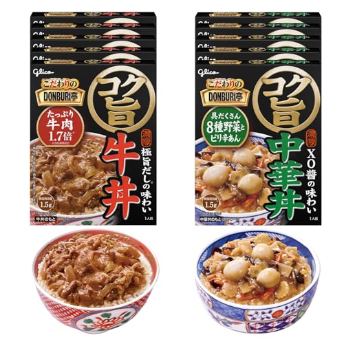 PatternName:コク旨どんぶり10食・原材料名:こだわりのDONBURI亭コク旨牛丼箱/牛肉（オーストラリア、アメリカ）、たまねぎ、砂糖、しょうゆ、水あめ、香味油、発酵調味料、ポークブイヨン、りんご濃縮果汁、しょうがペースト、食物繊維、にんにくペースト、酵母エキス、しょうゆ風味ペースト、たん白加水分解物、かつおエキス、カラメルシラップ、食塩、香辛料、こんぶエキス、焼きあごエキス、食酢、しょうがエキス、果糖ぶどう糖液糖、クリーミングパウダー、植物油脂、粉末酒かす、ぶどう糖、らかんかエキスパウダー／増粘剤（加工デンプン）、加工デンプン、pH調整剤、酸化防止剤（V.C）、乳化剤、香料、糊料（増粘多糖類）、（一部に乳成分・小麦・牛肉・大豆・鶏肉・豚肉・りんごを含む）・商品サイズ(高さx奥行x幅):16.5cm×12.5cm×26.0cm商品紹介 こだわりのDONBURI亭コク旨牛丼/こだわりを味わうコク旨レトルトどんぶり ・濃厚極旨だしの味わい ・鰹・昆布・焼あごを配合した極旨だしに、コクと旨みを凝縮した丸大豆醤油を加え、濃厚な味わいに仕立てています。 ・濃厚極旨だしが染み込んだ牛肉をたっぷり配合※した食べ応えのある一杯です。※DONBURI亭牛丼比1.7倍こだわりのDONBURI亭コク旨中華丼/こだわりを味わうコク旨レトルトどんぶり ・濃厚XO醤の味わい ・XO醤とオイスターソース、豆鼓醤の3種をブレンド。コクと旨みを効かせたピリ辛の濃厚あんが味の決め手です。 ・8種類の野菜とうずら卵3個を配合し、食べ応えのある一杯です。 ・常温保存可能 ・温めずにそのままでもお召し上がりいただけます。 ※温めた方がよりおいしくお召し上がりいただけます。 原材料・成分 こだわりのDONBURI亭コク旨牛丼箱/牛肉（オーストラリア、アメリカ）、たまねぎ、砂糖、しょうゆ、水あめ、香味油、発酵調味料、ポークブイヨン、りんご濃縮果汁、しょうがペースト、食物繊維、にんにくペースト、酵母エキス、しょうゆ風味ペースト、たん白加水分解物、かつおエキス、カラメルシラップ、食塩、香辛料、こんぶエキス、焼きあごエキス、食酢、しょうがエキス、果糖ぶどう糖液糖、クリーミングパウダー、植物油脂、粉末酒かす、ぶどう糖、らかんかエキスパウダー／増粘剤（加工デンプン）、加工デンプン、pH調整剤、酸化防止剤（V.C）、乳化剤、香料、糊料（増粘多糖類）、（一部に乳成分・小麦・牛肉・大豆・鶏肉・豚肉・りんごを含む） こだわりのDONBURI亭コク旨中華丼箱/野菜（たけのこ、ヤングコーン、にんじん、たまねぎ、はくさい、きくらげ、しいたけ、キャベツ）、うずら卵（中国又はタイ）、水あめ、XO醤、ごま油、オイスターソース、砂糖、しょうがペースト、チキンブイヨン、ポークブイヨン、にんにくペースト、はくさいエキス、豆鼓醤、食酢、フライドガーリックパウダー、香辛料、しょうがパウダー、かつおエキス、こんぶエキス、焼きあごエキス／増粘剤（加工デンプン）、調味料（アミノ酸等）、香料、酸化防止剤（V.C）、カラメル色素、（一部に卵・小麦・えび・大豆・鶏肉・豚肉を含む）