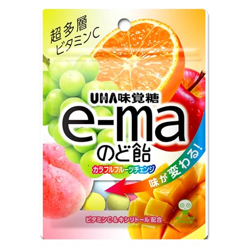 あめ/Pack of 1/-・Size:Pack of 1・プラスチック商品紹介 SIAA認証「抗ウイルス加工パッケージ」: パッケージの表面の特定ウイルスの数を減少させます。抗ウイルス加工は、病気の治療や予防を目的とするものではありません。SIAAの安全性基準に適合しています。 ポップでキュートなe-ma: カラフルでかわいい超多層構造キャンディ。一粒で次々と味が変化するので、たくさんのフルーツ味をお楽しみいただけます。 原材料・成分 砂糖（国内製造）、ラフィノース、水飴、澱粉、濃縮果汁（白ぶどう、りんご、オレンジ、みかん、ピーチ）、デキストリン、青みかんパウダー、マンゴピューレ／甘味料（キシリトール、ステビア、アセスルファムK）、ビタミンC、香料、酸味料、増粘剤（アラビアガム）、ショ糖エステル、着色料（アントシアニン、クチナシ、カロチノイド、フラボノイド）、乳化剤、（一部にオレンジ・大豆・もも・りんごを含む）