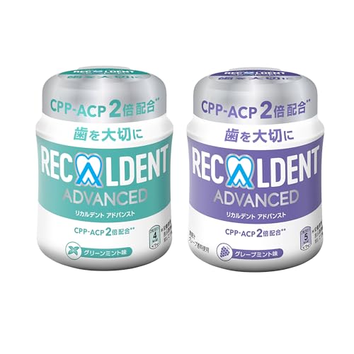 紫・緑/2個 (280グラム)/-・FlavorName:2種Size:2個 (280グラム)・ボトルガム商品紹介 グリーンミント（さわやかなマイルドミント味）／グレープミント（後味スッキリのグレープ味) 牛乳たんぱく質から作られた天然由来成分。 CPP-ACP（リカルデント）は、メルボルン大学のレイノルズ教授らのグループによって開発された、 牛乳由来たんぱく質の分解物であるカゼインホスホペプチド（CPP）と、非結晶性リン酸カルシウム（ACP)の複合体です。 CPP-ACPは生体が利用可能なカルシウムとリンを過飽和状態（高濃度）で口腔内に供給してくれます。 原材料・成分 ●グリーンミント マルチトール、還元水飴、CPP-ACP（カゼインホスホペプチド非結晶リン酸カルシウム）、加工油脂、甘味料（ソルビトール、キシリトール、アスパルテーム・L-フェニルアラニン化合物、アセスルファムK）、ガムベース、香料、アラピアガム、マンニトール、レシチン、植物ワックス ●グレープミント マルチトール、還元水飴、CPP-ACP（カゼインホスホペプチド非結晶リン酸カルシウム）、加工油脂、甘味料（ソルビトール、キシリトール、アスパルテーム・L-フェニルアラニン化合物、アセスルファムK、スクラロース）、ガムベース、香料、アラビアガム、マンニトール、酸味料、レシチン、着色料（野菜色素、ブドウ色素）、植物ワックス