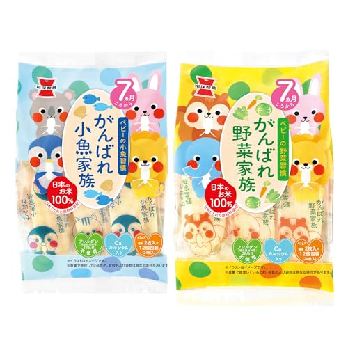 2種アソート12袋-/野菜・小魚/-・Size:野菜・小魚Style:2種アソート12袋・がんばれ野菜家族＆小魚家族の2種を各6袋、計12袋セットにしました。・消化吸収が大変良く、さくっとひとくち食べるとすうっとお口の中で溶けてしまいます。・国産の原料を使用し、子どもの発育に欠かせないカルシウムも入っています。・離乳食を始めた頃の赤ちゃんからご年配の方までみなさまにお楽しみいただけます。・大容量なので、まとめ買いや買い置きにもおすすめです。商品紹介 ■消化吸収が大変良く、さくっとひとくち食べるとすうっとお口の中で溶けてしまいます。胃にもやさしいので、離乳食を始めた頃の赤ちゃんからご年配の方までみなさまにお楽しみいただけます。 がんばれ野菜家族＆小魚家族の2種を各6袋、計12袋セットで、まとめ買い、買い置きにおすすめです。 〇がんばれ野菜家族：国産原料を使用しています。野菜(にんじん、キャベツ、ほうれん草)やカルシウムが入った口どけの良いおせんべいです。アレルゲン（特定原材料等）28品目不使用です。 小さなお子様からご年輩の方まで幅広く召し上がっていただけます。 〇がんばれ小魚家族：国産原料を使用しています。生地にしらすといわし粉を練りこんだ口どけの良いおせんべいです。お子様の発育に欠かせないカルシウム入りです。アレルゲン（特定原材料等）28品目不使用です。 小さなお子様からご年輩の方まで幅広く召し上がっていただけます。 原材料・成分 裏面画像参照