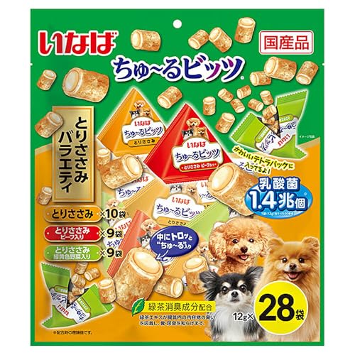 -/-/DS-411・パッケージ個数:1・外はふっくら、中はトロッとちゅ〜る入りで2つの食感が楽しめます。・乳酸菌1.4兆個（1袋あたり500億個）配合で、わんちゃんの健康を維持し、お腹の調子を保ちます。・3つの味が楽しめるバラエティパック。商品紹介 外はふっくら、中はトロッとちゅ~る入りで2つの食感が楽しめます。乳酸菌1.4兆個(1袋あたり500億個)配合で、わんちゃんの健康を維持し、お腹の調子を保ちます。3つの味が楽しめるバラエティパック。 使用上の注意 鶏ささみ由来の成分が黒く変色することがありますが、品質には問題ありません。 原材料・成分 たんぱく質21.0％以上、脂質4.2％以上、粗繊維0.1％以下、灰分2.0％以下、水分72.5％以下、約20kcal/袋 使用方法 愛犬の体重に応じて下記量を目安におやつとしてお与えください。 　 3kg 以下：2袋/日、5kg：3袋/日、8kg：4袋/日、10kg：5袋/日