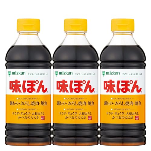 -/500ml×3本/-・Size:500ml×3本・原材料：しょうゆ（小麦・大豆を含む）（国内製造）、果糖ぶどう糖液糖、かんきつ果汁、醸造酢、食塩／調味料（アミノ酸等）、酸味料、香料・商品サイズ(高さx奥行x幅):19cm×21.6cm×7.2cm・大さじ1杯15ml当たり　エネルギー：11kcal、たんぱく質：0.71g、脂質：0g、炭水化物：2.0g、食塩相当量：1.4g・4902106541035商品紹介 かんきつ果汁・醸造酢・しょうゆがひとつになった、他では味わえない絶妙な風味の味付けぽん酢（ポン酢）です。鍋料理をはじめ、おろし焼肉、焼魚、サラダ、ぎょうざ、冷奴、大根おろし、かつおのたたきなど、「つけたり」「かけたり」幅広くお使いいただける「ニッポンのさっぱり味」調味料です。味ぽんと水を1：1で鶏肉を煮込むだけで、簡単に「鶏のさっぱり煮」が作れます。 原材料・成分 しょうゆ（小麦・大豆を含む）（国内製造）、果糖ぶどう糖液糖、かんきつ果汁、醸造酢、食塩／調味料（アミノ酸等）、酸味料、香料