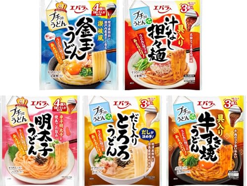 釜玉・具入り牛すき焼・担々麺・明太子・だし入りとろろ●プチッとうどん釜玉うどん92g:水色 ●プチッとうどん明太子うどん88g:ピンク ●プチッとうどんプラスだし入りとろろうどん126g:黄色 ●プチッとうどんプラス具入りジャージャー?120g:緑 ●プチッとうどんプラス具入り汁なし担々麺120g:オレンジ/5種5袋/-・PatternName:釜玉・ジャージャー?・担々麺・明太子・だし入りとろろSize:5種5袋・?【一人前の味付けが簡単】プチッとうどんは一プチットで一人前の味付けが簡単に決まるからお手軽時短！サッとあえるだけで簡単にうどんが作れます。二人前以上の味付けも調節しやすいので人数や好みに合わせてお楽しみいただけるうどんつゆです。例えば3人家族なら、3プチッと3人前。・?【豊富なラインナップ】定番の釜玉うどんやすだちおろしうどん以外にも、あっさり系、濃厚系、辛味系など豊富に揃えました。お気に入りの味わいが必ず見つかります。・?【様々なお料理に便利】うどん以外にもそうめんや中華麺、パスタにも。組み合わせは自由自在、あえるだけで手軽に楽しめるメニューが無限に広が