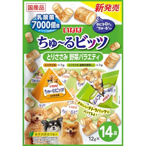 -/12グラム (x 14)/-・パッケージ個数:1・本体サイズ (幅X奥行X高さ) :20×6×25cm・本体重量:0.21kg・原産国:日本商品紹介 わんちゃんとのコミュニケーションにも便利なビッツタイプ。2つの味が楽しめるバラエティパック。乳酸菌7 000億個(1袋あたり500億個)配合で、健康を維持しお腹の調子を保ちます。 使用上の注意 鶏ささみ由来の成分が黒く変色することがありますが、品質には問題ありませんのでご安心ください。 原材料・成分 【とりささみ】鶏肉(ささみ)、鶏脂、かつお節、チキンエキス、ガラクトオリゴ糖、寒天、卵白粉末、酵母エキス、殺菌乳酸菌、増粘安定剤(増粘多糖類、加工でん粉)、ビタミンE、紅麹色素、緑茶エキス 【とりささみ 緑黄色野菜入り】鶏肉(ささみ)、鶏脂、野菜(人参、かぼちゃ、グリンピース)、かつお節、チキンエキス、ガラクトオリゴ糖、寒天、卵白粉末、酵母エキス、殺菌乳酸菌、増粘安定剤(増粘多糖類、加工でん粉)、ビタミンE、紅麹色素、緑茶エキス 使用方法 愛犬の体重運に応じて適量をおやつとしてお与えください。 ご注意（免責）＞必ずお読みください ご注意（免責）＞ 必ずお読み下さい 在庫完売の際は、お取寄せ又はキャンセルとなる場合がございます。また、Amazon配送予定日と弊社商品お届け予定日は異なる場合もございますので予めご了承下さい。 商品は予告なくパッケージ変更の場合もあります。※お客様都合によるご返品はお受けできません