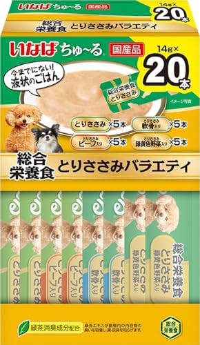 -/14g×20本/-・パッケージ個数:1・ちゅ〜る総合栄養食に箱タイプの20本入りが登場。商品紹介 今までにない！液状のごはん。ちゅ〜っと出して、なめるだけで簡単に栄養補給。4種類の味が楽しめるバラエティパック。 原材料・成分 たんぱく質7.0％以上　脂質4.0％以上　粗繊維0.3％以下　灰分2.5％以下　水分86.2％以下 使用方法 ドライフードと併用する場合は本製品4本につきドライフードを約15g減らしてください。本製品のみを与える場合は愛猫の体重に応じて下記表を目安に1日2回に分けてお与えください。体重…目安量 3kg…17本/日 5kg…25本/日 8kg…35本/日 10kg…42本/日