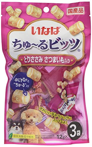 -/12グラム (x 18)/9000159728009・PatternName:さつまいも入り・パッケージ個数:1・与えやすく食べやすい！商品紹介 わんちゃんとのコミュニケーションにも便利なビッツタイプ。外はふっくら、中にトロッとちゅ〜るが入っているため、2つの食感が楽しめます。出しやすく、見た目もかわいいテトラパック。保存料不使用。 原材料・成分 たんぱく質…21.0%以上、脂質…4.2%以上、粗繊維…0.1%以下、灰分…2.0%以下、水分…72.5%以下、エネルギー…約20kcal/袋 使用方法 愛犬の体重に応じて下記表を目安におやつとしてお与えください。3kg:2袋/日、5kg:3袋/日、8kg:4袋/日、10kg:5袋/日。