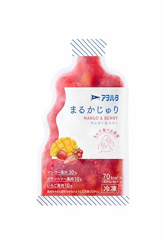 白/-/50523・FlavorName:マンゴー&ベリー・マンゴー(メキシコ産)、りんご清澄濃縮果汁、クランベリー(アメリカ産)、いちご(チリ産)、マンゴーピューレー、ぶどう清澄濃縮果汁、イヌリン(食物繊維)、濃縮クランベリー果汁、濃縮ローズヒップ果汁、濃縮レモン果汁/安定剤(ペクチン)、(一部にりんごを含む)・りんご・1袋(80g)当たり；エネルギー70Kcal たんぱく質0.2g 脂質0g 炭水化物17.2g 食塩相当量0g商品紹介 もんで食べる新感覚の冷凍フルーツです。マンゴーとクランベリーといちごの果肉に、ローズヒップの酸味をきかせたさわやかな味わいです。 原材料・成分 マンゴー(メキシコ産)、りんご清澄濃縮果汁、クランベリー(アメリカ産)、いちご(チリ産)、マンゴーピューレー、ぶどう清澄濃縮果汁、イヌリン(食物繊維)、濃縮クランベリー果汁、濃縮ローズヒップ果汁、濃縮レモン果汁/安定剤(ペクチン)、(一部にりんごを含む)