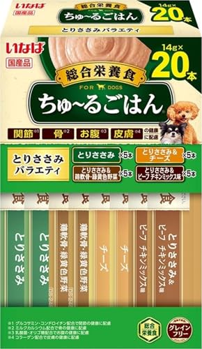 -/14g×20本/-・パッケージ個数:1・ちゅ〜るごはんに箱タイプの20本入りが登場。商品紹介 わんちゃんに必要な栄養素をバランスよく配合した総合栄養食。関節、骨、お腹、皮膚の健康に配慮した今までにないごはん。4種類の味が楽しめるバラエティパック。 原材料・成分 【とりささみ】【とりささみ＆チーズ】【とりささみ＆ビーフ チキンミックス味】たんぱく質7.0％以上　脂質4.0%以上　粗繊維0.1%以下　灰分2.5%以下　水分86.0%以下【とりささみ＆鶏軟骨・緑黄色野菜】たんぱく質7.0％以上　脂質4.0%以上　粗繊維0.3%以下　灰分2.5%以下　水分86.0%以下 使用方法 ドライフードと併用する場合は本製品4本につきドライフードを約15g減らしてください。本製品のみを与える場合は愛猫の体重に応じて下記表を目安に1日2回に分けてお与えください。体重…目安量 3kg…17本/日 5kg…25本/日 8kg…35本/日 10kg…42本/日