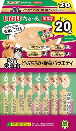 -/14g×20本/-・パッケージ個数:1・ちゅ〜る総合栄養食に箱タイプの20本入りが登場。商品紹介 今までにない！液状のごはん。ちゅ〜っと出して、なめるだけで簡単に栄養補給。4種類の味が楽しめるバラエティパック。 原材料・成分 たんぱく質7.0％以上　脂質4.0％以上　粗繊維0.3％以下　灰分2.5％以下　水分86.2％以下 使用方法 ドライフードと併用する場合は本製品4本につきドライフードを約15g減らしてください。本製品のみを与える場合は愛猫の体重に応じて下記表を目安に1日2回に分けてお与えください。体重…目安量 3kg…17本/日 5kg…25本/日 8kg…35本/日 10kg…42本/日