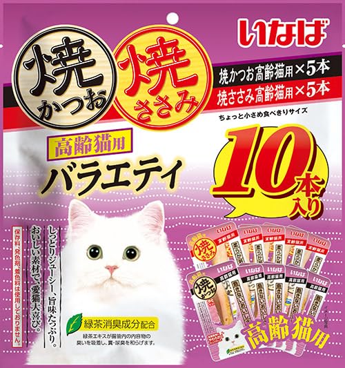 パッケージ個数:1・好評の焼かつお・焼ささみが一緒に入った大容量パックが登場。商品紹介 素材の旨味を逃がさず、焼き上げました。若鶏のささみをゆっくり香ばしく焼き上げました。猫ちゃんとコミュニケーションを取りながら与えられます。高齢猫用はより柔らかく、食べやすく仕上げました。 原材料・成分 【焼かつお 高齢猫用】宗田鰹、魚介類エキス、でん粉、コラーゲンペプチド、増粘多糖類、ビタミンE、緑茶エキス【焼ささみ 高齢猫用】鶏肉（ささみ）、魚介類エキス、でん粉、コラーゲンペプチド、増粘多糖類、ビタミンE、緑茶エキス 使用方法 軽くほぐしてお与えください。標準サイズの成猫では1回1袋が目安です。