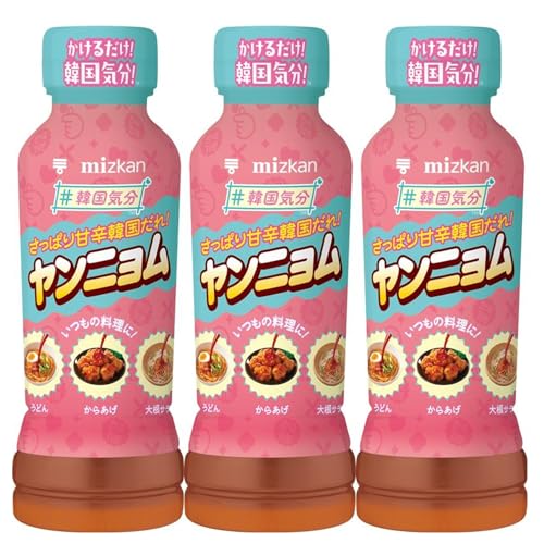 PatternName:韓国気分 ヤンニョム 190ml×3本・原材料：果糖ぶどう糖液糖（国内製造）、食酢（醸造酢、米酢、りんご酢）、コチュジャン（大豆を含む）、砂糖、トマトケチャップ、食塩、しょうゆ（小麦・大豆を含む）、しょうゆもろみ（小麦・大豆を含む）、でん粉、ごま油、香味油／酸味料、調味料（アミノ酸等）、トウガラシ色素・商品サイズ(高さx奥行x幅):15.5cm×5.5cm×16.5cm・アレルゲン：小麦、ごま、大豆、りんご・「 ヤンニョム 」なら、いつもの料理にかけるだけで 韓国 風の味わいが手軽にできて、おうちで好きなだけ 韓国 気分を楽しむことができます。・韓国料理 でよく使われる 濃厚 な コチュジャン 、 やみつき 要素の ゴマ油 、 ニンニク に お酢 を加えているから、さっぱりで旨辛な食べ続けたくなる味わいを実現しています。 コチュジャン ベースの 甘辛 な味わいを十分に感じながらも、後味さっぱりで毎日でも食べ続けたくなる食後感が特徴です。 コチュジャン を利用した定番韓国料理はもちろん、 チキン や サラダ 、 麺 類等にかけるだけのこれ1本で商品紹介 「ヤンニョム」なら、いつもの料理にかけるだけで韓国風の味わいが手軽にできて、おうちで好きなだけ韓国気分を楽しむことができます。韓国料理でよく使われる濃厚なコチュジャン、やみつき要素のゴマ油、ニンニクにお酢を加えているから、さっぱりで旨辛な食べ続けたくなる味わいを実現しています。コチュジャンベースの甘辛な味わいを十分に感じながらも、後味さっぱりで毎日でも食べ続けたくなる食後感が特徴です。コチュジャンを利用した定番韓国料理はもちろん、チキンやサラダ、麺類等にかけるだけのこれ1本で気分が上がる韓国風の味わいが楽しめます。 原材料・成分 果糖ぶどう糖液糖（国内製造）、食酢（醸造酢、米酢、りんご酢）、コチュジャン（大豆を含む）、砂糖、トマトケチャップ、食塩、しょうゆ（小麦・大豆を含む）、しょうゆもろみ（小麦・大豆を含む）、でん粉、ごま油、香味油／酸味料、調味料（アミノ酸等）、トウガラシ色素