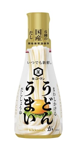 原材料:しょうゆ（大豆・小麦を含む）（国内製造）、ぶどう糖果糖液糖、食塩、水あめ、砂糖、節（かつお、そうだかつお、いわし）、かつお節エキス、しいたけエキス、にぼし、昆布／アルコール、調味料（アミノ酸等）、酸味料、甘味料（ステビア）、ビタミンB1・商品サイズ：(高さx奥行x幅):16.4cm×6.3cm×6.3cm商品紹介 「キッコーマンうどんがうまいだししょうゆ」は6種の国産だしを使用したうどん向けのだししょうゆです。かつお・宗田かつお・うるめ・昆布・煮干し・椎茸の6種の国産だしと複数のしょうゆをブレンドし、うどんに合う味わいに仕上げました。釜玉うどんやぶっかけうどんにおすすめです。 原材料・成分 しょうゆ（大豆・小麦を含む）（国内製造）、ぶどう糖果糖液糖、食塩、水あめ、砂糖、節（かつお、そうだかつお、いわし）、かつお節エキス、しいたけエキス、にぼし、昆布／アルコール、調味料（アミノ酸等）、酸味料、甘味料（ステビア）、ビタミンB1