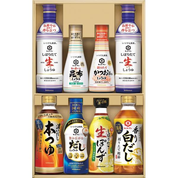 パッケージ個数:1・●しぼりたて生しょうゆ450┣ml┫×2、削りたてかつお節香るだししょうゆ200┣ml┫×1、旨み豊かな昆布だししょうゆ200┣ml┫×1、旨み広がるだししょうゆ330┣ml┫×1、濃いだし本つゆ500┣ml┫×1、旨みひろがる香り白だし500┣ml┫×1、しぼりたて生ぽんず360┣ml┫×1●しぼりたて生しょうゆ450┣ml┫×2、削りたてかつお節香るだししょうゆ200┣ml┫×1、旨み豊かな昆布だししょうゆ200┣ml┫×1、旨み広がるだししょうゆ330┣ml┫×1、濃いだし本つゆ500┣ml┫×1、旨みひろがる香り白だし500┣ml┫×1、しぼりたて生ぽんず360┣ml┫×1