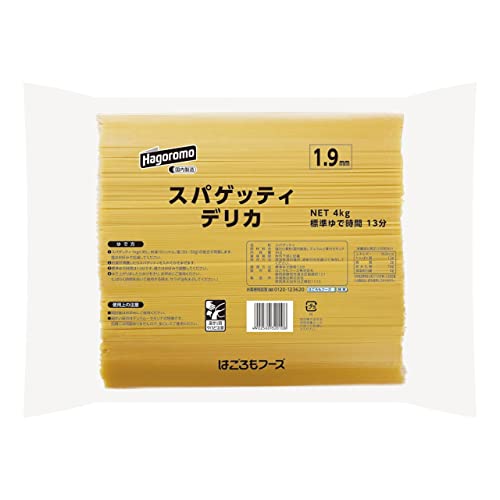 1.9mm-/1.9mm 4kg×1個/-・Style:1.9mm・パッケージ個数:1・袋・ブラント名:はごろも・メーカー名: はごろもフーズ・商品の重量: 4.04kilograms・原材料: 強力小麦粉(国内製造)、デュラム小麦のセモリナ商品紹介 デュラムセモリナ5%と強力粉95%を配合したロングパスタです。もちもち食感が特長です。4kg入った大容量パックです。麺線1.9mmと太めのパスタです。標準ゆで時間は13分ですが、お好みの硬さにゆでてお召し上がりください。使い残しを保管の際には、空け口を密封し、なるべくお早めにご使用ください。 原材料・成分 強力小麦粉（国内製造）、デュラム小麦のセモリナ