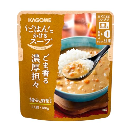 -/180g/-・スープ・商品説明：特別な味わいと具材感が楽しめて、野菜をたっぷり使用した、ごはんにかける濃厚なスープです。ごまの香り豊かで深いコクのあるピリ辛スープに仕立てました。麺にかけてもおいしくお召し上がりいただけます。常温のままでも、冷やしてもお召し上がりいただけます。・保存方法：直射日光を避けて保存してください。・原材料名：にんじん（国産）、たけのこ、ごま、はくさい濃縮汁、豚肉、食用植物油脂、ねぎ、粒状大豆たん白、米みそ、でん粉、豆乳クリーム、チキンブイヨン、しょうゆ、豆板醤、食塩、しょうが、ガーリックピューレー、砂糖、酵母エキス、香辛料／増粘剤（加工デンプン）、（一部に小麦・乳成分・ごま・大豆・鶏肉・豚肉を含む）・栄養成分：（180g当たり）エネルギー：156kcal、たんぱく質：5.3g、脂質：9.7g、炭水化物：11.9g、食塩相当量：2.2g、カリウム：360mg商品紹介 特別な味わいと具材感が楽しめて、野菜をたっぷり使用した、ごはんにかける濃厚なスープです。ごまの香り豊かで深いコクのあるピリ辛スープに仕立てました。麺にかけてもおいしくお召し上がりいただけます。常温のままでも、冷やしてもお召し上がりいただけます。 原材料・成分 にんじん（国産）、たけのこ、ごま、はくさい濃縮汁、豚肉、食用植物油脂、ねぎ、粒状大豆たん白、米みそ、でん粉、豆乳クリーム、チキンブイヨン、しょうゆ、豆板醤、食塩、しょうが、ガーリックピューレー、砂糖、酵母エキス、香辛料／増粘剤（加工デンプン）、（一部に小麦・乳成分・ごま・大豆・鶏肉・豚肉を含む）