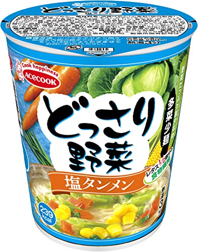 水色/-/-・エネルギー：239kcal、タンパク質：5.2g、脂質：7.7g、炭水化物：38.3g、食塩相当量：2.2g商品紹介 いつものボリュームを新しいバランスで! “野菜たっぷり、麺少なめの新バランスカップめんとして根強い支持を得ている「どっさり野菜」シリーズ。 多菜少麺(たさいしょうめん)、これが旨さの新バランス!シャキシャキした野菜がめんを口に運ぶ度に味わえるから、ライトに食べられるのに美味しさと満足感はどっさりなカップめんです。 原材料・成分 油揚げめん(小麦粉(国内製造)、植物油脂、食塩、しょうゆ、チキンエキス)、かやく(キャベツ、コーン、人参、ねぎ)、スープ(食塩、乳化油脂、デキストリン、香辛料、ポークエキス、ぶどう糖、香味調味料、たん白加水分解物、チキン調味料、オニオンパウダー、酵母エキス、全卵粉)/加工でん粉、調味料(アミノ酸等)、炭酸Ca、微粒二酸化ケイ素、かんすい、酸化防止剤(ビタミンE)、カロチノイド色素、増粘多糖類、香料、ビタミンB2、ビタミンB1、(一部に小麦・卵・乳成分・ごま・大豆・鶏肉・豚肉を含む)