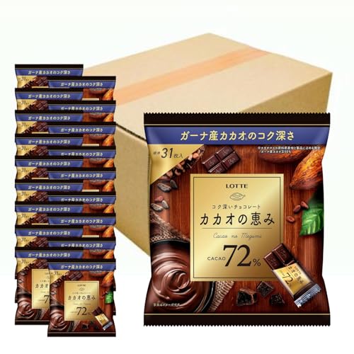 カカオの恵み72%SP1・原材料：カカオマス（カカオ豆（ガーナ））、砂糖、ココアバター、ココアパウダー、植物油脂／香料（乳由来）、乳化剤（大豆由来）・商品サイズ(高さx奥行x幅):23.3cm×50.6cm×20cm商品紹介 ガーナ産カカオのコク深い味わいと余韻が堪能できる、カカオ72％の高カカオチョコレートです。 ロッテ独自のカカオ豆の焙煎方法で、苦味・渋みを抑え、カカオ本来のおいしさを引き出しました。カカオのコクと後に続く心地よい余韻が堪能できる味わいに仕上げました。 シェアパックタイプで個包装になっています。カカオの恵みで、ひとやすみしませんか。 原材料・成分 カカオマス（カカオ豆（ガーナ））、砂糖、ココアバター、ココアパウダー、植物油脂／香料（乳由来）、乳化剤（大豆由来）