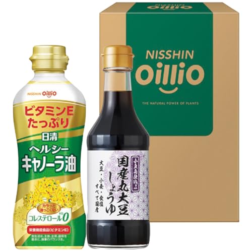 ヘルシーキャノーラ油（350g）・国産丸大豆醤油（300ml）×各1商品紹介 ヘルシーキャノーラ油（350g）・国産丸大豆醤油（300ml）×各1 原材料・成分 【日清ヘルシーキャノーラ油】食用なたね油(国内製造)/ビタミンE【国産丸大豆しょうゆ】大豆（国産）、小麦、食塩