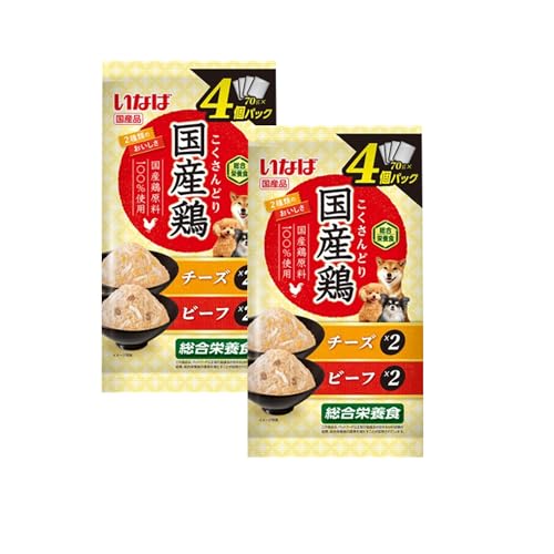 ー/-/9000328532000・国産鶏原料を100％使用した総合栄養食。商品紹介 国産鶏のペーストにとりささみのフレークと、チーズやビーフをトッピング。わんちゃんに必要な栄養素をバランスよく配合した総合栄養食。4個パックで多頭飼いの家庭でも便利です。 原材料・成分 たんぱく質…5.5％以上、脂質…5.0％以上、粗繊維…0.6％以下、灰分…2.0％以下、水分…86.9％以下　エネルギー…約65kcal/袋 使用方法 ドライフードと併用する場合は本製品1袋につきドライフードを約18g減らしてください。本製品のみを与える場合は愛犬の体重に応じて下記表を目安にお与えください。 3kg：4袋/日、5kg：6袋/日、8kg：8袋/日、10kg：9袋/日