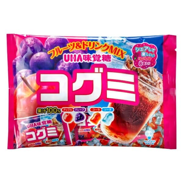 パッケージ個数:8・ブランド：UHA味覚糖・水飴（国内製造）、砂糖、果糖ぶどう糖液糖、濃縮果汁（りんご、グレープ、レモン、デーツ）、ゼラチン／酸味料、香料、光沢剤、着色料（カラメル、紫ニンジン、クチナシ）、マンニトール、（一部にりんご・ゼラチンを含む）・内容量：128g×8袋・原産国：日本商品紹介 商品の説明 コグミで人気のグレープ・アップルの2種とコグミドリンクアソートで 人気のコーラ・ソーダの2種をMIXしたフルーツもドリンクも楽しめる嬉しい4種MIXです。 小粒でもしっかりとした弾力があり、そのぷにぷに食感がクセになる！一粒でも食べ応えのあるグミです。 携帯性があり、持ち運びしやすく、みんなで分けあえるように少量の8袋パックです。 原材料・成分 水飴（国内製造）、砂糖、果糖ぶどう糖液糖、濃縮果汁（りんご、グレープ、レモン、デーツ）、ゼラチン／酸味料、香料、光沢剤、着色料（カラメル、紫ニンジン、クチナシ）、マンニトール、（一部にりんご・ゼラチンを含む） 原材料・成分 水飴（国内製造）、砂糖、果糖ぶどう糖液糖、濃縮果汁（りんご、グレープ、レモン、デーツ）、ゼラチン／酸味料、香料、光沢剤、着色料（カラメル、紫ニンジン、クチナシ）、マンニトール、（一部にりんご・ゼラチンを含む）