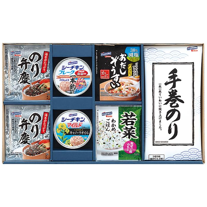 内容:のり弁慶ふりかけ(3g×6袋)・減塩おだしぞうすいかに(6.5g×3袋)・わかめ混ぜご飯若菜(2.8g×3袋)・手巻のり(2切5枚1袋)・シーチキンフレーク一本釣・シーチキンマイルドキャノーラ各1缶・各70g・製造生産地:日本製・賞味期限:製造日より常温約540日・アレルゲン:卵・乳成分・小麦・えび・かに・ごま・さば・大豆・ゼラチン商品紹介 和の食卓を彩るバラエティ豊かな詰合せ。 原材料・成分 のり弁慶ふりかけ【かつお風味顆粒(乳糖、食塩、砂糖、鰹節粉末、その他)(国内製造)、味付のり(のり、砂糖、みりん、たまりしょうゆ、こいくちしょうゆ、その他)、味付ごま(いりごま、砂糖、その他)、いりごま、味付かつお節(鰹削り節、しょうゆ、砂糖、水あめ、発酵調味料、その他)/調味料(アミノ酸等)、着色料(カラメル)、卵殻Ca、甘味料(カンゾウ)、酸化防止剤(生コーヒー豆抽出物、ビタミンE)、香辛料抽出物、(一部にえび・小麦・卵・乳成分・ごま・さば・大豆を含む)】、わかめ混ぜご飯若菜【味付大根葉(食塩、砂糖、大根葉)(中国製造)、味付わかめ(食塩、わかめ、砂糖)、いりごま/調味料(アミノ酸)】、オイル不使用シーチキンマイルド【かつお(輸入又は国産)、寒天、野菜エキス粉末、魚介エキス、昆布エキス粉末、食塩、椎茸エキス粉末/調味料(アミノ酸等)、増粘剤(加工でん粉)】、手巻のり【乾のり(国内産)】、シーチキンフレーク(一本釣)【びんながまぐろ(国産)、綿実油、食塩(沖縄県産)、野菜エキス/調味料(アミノ酸等)】、パパッと減塩おだしぞうすいかに風味【いりこ風味顆粒(乳糖、砂糖、食塩、いりこ粉末、さば節粉末、その他)(国内製造)、調味顆粒(食塩、砂糖、乳糖、粉末しょうゆ、鰹節粉末、カニエキスパウダー、昆布エキス、その他)、カニ風味大豆たん白(大豆加工品、パーム油、砂糖、食塩、カニエキス)、魚肉加工品(魚肉すり身、小麦でん粉、コーンスターチ、食塩、カニ粉末、その他)、わかめ、ねぎ/調味料(アミノ酸等)、卵殻Ca、着色料(カラメル、紅麹)、ソルビトール、加工でん粉、膨張剤、香料、(一部にかに・小麦・卵・乳成分・さば・大豆・ゼラチンを含む)】