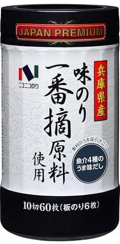 -/60枚 5本/-・Size:60枚 5本・パッケージ個数:5・原材料:乾のり(兵庫県産)、調味液[砂糖、しょう油、魚介エキス(かつお節、こんぶ、ほたて、えび)、たん白酵素分解物、魚醤(魚介類)、食塩、酵母エキス]/香辛料抽出物、(一部に小麦・えび・大豆・豚肉・魚醤(魚介類)を含む)・商品サイズ:(高さx奥行x幅):14cm×37cm×7.4cm商品紹介 しっかりした作りと黒々とした色目が特徴である兵庫県産の海苔を使用し、ニコニコのりの技術を駆使し、自然のおいしさを活かした化学調味料無添加で味付けしました。その中でも大変貴重で美味な「一番摘」の原料にこだわりました。お酒のおつまみやお弁当、小腹がすいた時にも手軽で便利な卓上タイプで、食べやすい10切サイズです。 原材料・成分 乾のり(兵庫県産)、調味液[砂糖、しょう油、魚介エキス(かつお節、こんぶ、ほたて、えび)、たん白酵素分解物、魚醤(魚介類)、食塩、酵母エキス]/香辛料抽出物、(一部に小麦・えび・大豆・豚肉・魚醤(魚介類)を含む)
