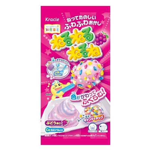 知育菓子商品紹介 誰でも楽しい・おいしい・笑顔になれる　ぶどう味のねるねるねるね 原材料・成分 砂糖（国内製造）、粉あめ、水あめ、ぶどう糖、でん粉、卵白粉末、植物油脂、デキストリン／酸味料、重曹、香料、増粘多糖類、炭酸カルシウム、着色料（野菜色素、クチナシ）、（一部に卵を含む）