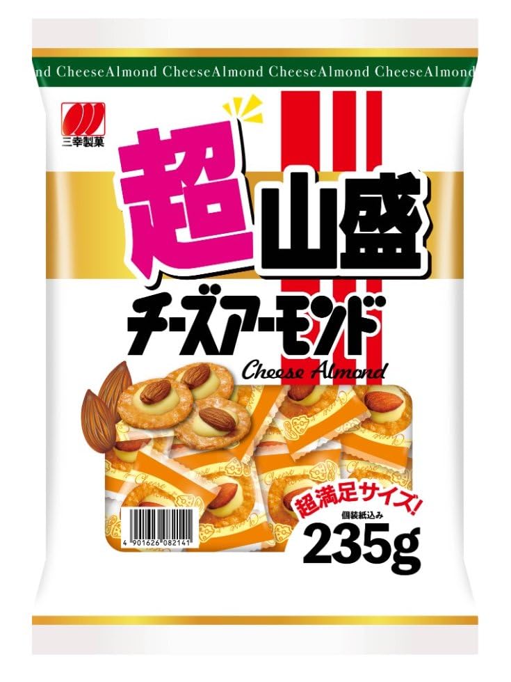 -/Pack of 1/-・Size:Pack of 1・原材料:米（国産）、アーモンド、乳糖、植物油脂、ホエイパウダー(乳成分を含む)、しょうゆ(小麦・大豆を含む)、チーズパウダー(チェダーチーズパウダー59%、ゴーダチーズパウダー18%)、脱脂粉乳、砂糖、全粉乳、かつお節エキス、デキストリン、油脂加工品、でん粉／乳化剤、調味料（アミノ酸等）、香料、着色料（カロチン、パプリカ色素）、香辛料抽出物・商品サイズ(高さx奥行x幅):26cm×7cm×21cm商品紹介 チーズ、アーモンド、お米のクラッカーの組み合わせが絶妙な「チーズアーモンド」の大容量パック。大人数で集まるときにぴったりの商品です。●三幸製菓は、「雪の宿」「ぱりんこ」「チーズアーモンド」「新潟仕込み」「粒より小餅」「丸大豆せんべい」など、多くのロングセラー商品を製造している新潟のおせんべいメーカーです。 原材料・成分 米（国産）、アーモンド、乳糖、植物油脂、ホエイパウダー(乳成分を含む)、しょうゆ(小麦・大豆を含む)、チーズパウダー(チェダーチーズパウダー59%、ゴーダチーズパウダー18%)、脱脂粉乳、砂糖、全粉乳、かつお節エキス、デキストリン、油脂加工品、でん粉／乳化剤、調味料（アミノ酸等）、香料、着色料（カロチン、パプリカ色素）、香辛料抽出物
