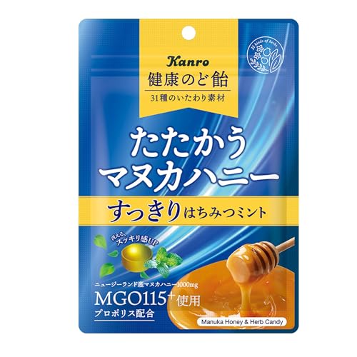 キャンディ商品紹介 たたかうマヌカハニーにハーブ(ミント)のスッキリ感を付加し、よりのどへの体感性をUPさせたのど飴。ニュージーランド産でMGO115＋品質のマヌカハニーを配合・健康のど飴こだわりの31種のいたわり素材・ハーブエキス配合量20％UP・メントール量UPでスッキリ感UP。通常のマヌカよりハーブ感をプラスした味わいで、より効能感とすっきり感のある味わい。 原材料・成分 水飴（国内製造）、砂糖、はちみつ、ハーブエキス、カラメルソース、プロポリスエキス、ホップエキス／香料（乳由来）、着色料（紅花黄、クチナシ）