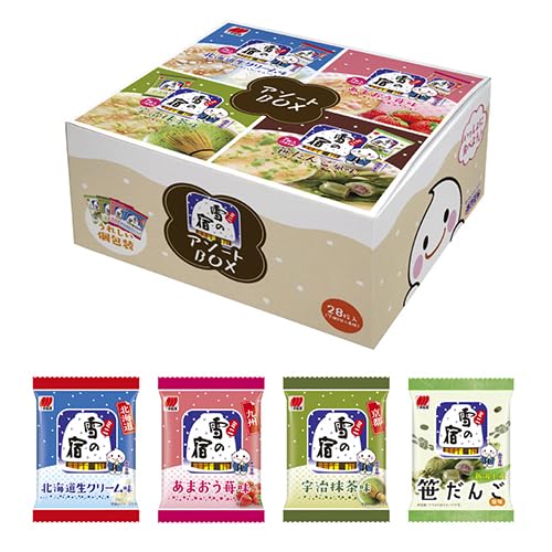 FlavorName:北海道生クリーム味、あまおう苺味、宇治抹茶味、笹だんご風味・商品サイズ(高さx奥行x幅):10cm×19cm×19cm商品紹介 【限定】4種のミニ雪の宿が楽しめるアソートボックスです。北海道生クリーム味、あまおう苺味、宇治抹茶味、笹だんご風味が一度に楽しめます！●三幸製菓は、「雪の宿」「ぱりんこ」「チーズアーモンド」「新潟仕込み」「粒より小餅」「丸大豆せんべい」など、多くのロングセラー商品を製造している新潟のおせんべいメーカーです。 原材料・成分 【北海道生クリーム味】米（米国産、豪州産、その他）、砂糖、植物油脂、食塩、乳糖、ホエイパウダー（乳成分を含む）、ゼラチン、乳糖果糖オリゴ糖、粉末しょうゆ（小麦・大豆を含む）、油脂加工品、生クリーム、脱脂濃縮乳、脱脂粉乳、香辛料、加糖練乳／加工でん粉、調味料（アミノ酸等）、植物レシチン（大豆由来）、酸化防止剤（ローズマリー抽出物）【あまおう苺味】米（米国産、豪州産、その他）、植物油脂、砂糖、食塩、乳糖、ホエイパウダー（乳成分を含む）、ゼラチン、乾燥いちご、粉末しょうゆ（小麦・大豆を含む）、油脂加工品、生クリーム、デキストリン、脱脂粉乳、香辛料、脱脂濃縮乳、乳糖果糖オリゴ糖、加糖練乳／加工でん粉、調味料（アミノ酸等）、植物レシチン（大豆由来）、着色料（紅麹、アカビート）、酸味料、香料、酸化防止剤（ローズマリー抽出物）、甘味料（ステビア）、糊料（ペクチン）【宇治抹茶味】米（米国産、豪州産、その他）、植物油脂、砂糖、食塩、乳糖、ホエイパウダー（乳成分を含む）、ゼラチン、抹茶、粉末しょうゆ（小麦・大豆を含む）、油脂加工品、生クリーム、脱脂粉乳、香辛料、脱脂濃縮乳、乳糖果糖オリゴ糖、加糖練乳／加工でん粉、調味料（アミノ酸等）、植物レシチン（大豆由来）、酸化防止剤（ローズマリー抽出物）、クチナシ色素、香料【笹だんご風味】米（米国産、豪州産、その他）、植物油脂、砂糖、食塩、乳糖、ホエイパウダー（乳成分を含む）、ゼラチン、小豆粉末、粉末しょうゆ（小麦・大豆を含む）、油脂加工品、生クリーム、よもぎ粉末、脱脂粉乳、香辛料、脱脂濃縮乳、乳糖果糖オリゴ糖、加糖練乳／加工でん粉、調味料（アミノ酸等）、植物レシチン（大豆由来）、クチナシ色素、酸化防止剤（ローズマリー抽出物）、香料