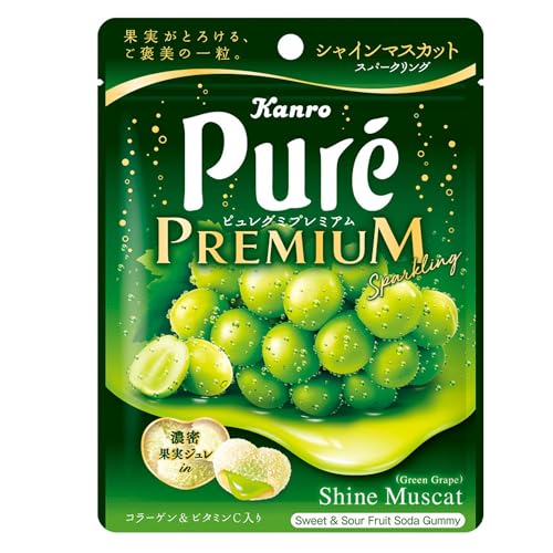 グミ商品紹介 果実がとろける、ご褒美の一粒・とろ〜り濃厚なジュレ部とスッキリしたスパークリング感のあるグミ部との味わいのハーモニー。シャインマスカット果汁を配合。独自のすっぱいパウダーと果肉食感グミによる味わい・センタージュレによる食感の変化・フルーツピュレと一層差別化できる食感。 原材料・成分 水飴（国内製造）、砂糖、ゼラチン、濃縮ぶどう果汁／酸味料、増粘剤（ペクチン）、炭酸カルシウム、ゲル化剤（ペクチン：りんご由来）、ビタミンC、香料、調味料（無機塩）、着色料（紅花黄、クチナシ、カロチン）