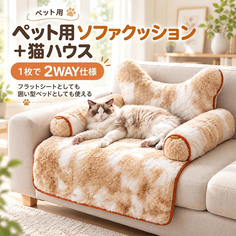 商品情報商品特徴大切な愛犬や愛猫に、ふんわり包まれる特別なくつろぎスペースを。ソファ型とフラット型の2通りで使える、ペット用ソファクッションマットです。ふわふわのボア調生地と厚みのあるクッションを組み合わせ、毎日のお昼寝やリラックスタイムをやさしくサポートします。ソファ型では両サイドのクッションと背もたれ部分が体を囲み、安心感のあるくつろぎスペースに。広げればフラットなマットとして使えるため、足を伸ばして休みたいときにも便利です。表面にはやわらかなボア調生地を使用し、暖かみのある肌触りに仕上げています。底面には滑り止め加工を施し、ソファや床の上で使いやすい仕様です。カラーは落ち着いたグレーと、やさしい色合いのベージュの2種類。サイズは大号と特大号の2タイプをご用意しています。リビングや寝室など、お部屋のインテリアになじみながら、愛犬や愛猫のくつろぎ場所を作れるペットマットです。注意本商品は犬や猫などのペットが室内で休息するためのクッションマットです。睡眠の質の改善や健康状態への効果を保証するものではありません。ペットの体格や性格、好みに合わせてご使用ください。表面にはボア調の毛足がある生地を使用しています。素材の特性上、摩擦や長期間の使用によって毛抜け、毛羽立ち、毛玉、クッションのへたりなどが生じる場合があります。ペットが生地や中材を噛んだり、誤飲したりしないようご注意ください。商品サイズはLが約73×62×12cm、XLが約88×75×23cmです。採寸方法やクッションの膨らみ具合により、1～3cm程度の誤差が生じる場合があります。実際の使用スペースはソファ型とフラット型で異なるため、ご購入前に設置場所をご確認ください。ソファ型で使用する場合は、クッションを安定した位置に配置してください。ソファの端や高い場所に設置すると、ペットが動いた際に落下するおそれがあります。底面には滑り止め加工を施していますが、すべての床面やソファ生地で滑りを完全に防ぐものではありません。おすすめポイントPOINT1 ソファ型とフラット型の2WAY仕様ソファの上では両サイドのクッションを活用したソファ型として、広げればフラットなマットとして使用できます。POINT2 ふわふわの厚手素材で暖かみのある肌触り表面にはやわらかなボア調生地を使用しています。ふんわりとした毛足と厚みのあるクッションが、ペットの体をやさしく受け止めます。秋冬の寒い季節にも取り入れやすく、毎日のくつろぎ時間にぴったりです。POINT3 こだわりの縫製と使いやすいディテール周囲には縁取りを施し、クッション部分との境目をきれいに仕上げています。ふんわりとした素材感に加え、落ち着いた配色と丁寧な縫製デザインが特徴。ペット用品としてだけでなく、お部屋になじむインテリア小物としても活躍します。POINT4 広々としたスペースでゆったりくつろげるフラット型に広げることで、ペットが足を伸ばしたり、横になったりしやすいスペースを確保できます。丸くなって眠る猫ちゃんや、ゆったり休みたいワンちゃんなど、普段の寝姿勢に合わせて活用できます。POINT5 肘掛けクッションで体をやさしくサポート両サイドにはふっくらとした肘掛け型のクッションを備えています。ペットが頭やあごを預けたり、体を寄せて休んだりしやすい形状です。ソファ型で使用する際には、周囲を囲むような落ち着いたくつろぎ空間を作れます。POINT6 リビングや寝室になじむシンプルなデザイン落ち着いたグレーと暖かみのあるベージュの2カラーをご用意しました。ソファやベッドまわりなど、さまざまな室内空間に合わせやすいデザインです。ペット専用の寝床として、普段のインテリアに自然になじみます。POINT7 滑り止め加工でズレを軽減底面には滑り止め加工を施しています。ソファや床面に設置した際のズレを抑えるのに役立ち、ペットが乗り降りするときにも使いやすい仕様です。POINT8 選べる2サイズで愛犬や愛猫に対応LとXLの2サイズをご用意しました。ペットの体格や普段の寝姿勢、設置したいソファの大きさに合わせて選べます。ご購入前に商品サイズと設置スペースをご確認いただき、無理なく使用できるサイズをお選びください。ペットソファマット 犬 猫 ペットベッド 2WAY ソファ用 ペットクッション ふわふわ 厚手 あったか 肘掛け付き 枕付き 滑り止め ソファカバー ペット用マット 小型犬 猫用ベッド 秋冬 室内用 お昼寝 洗える おしゃれ 2色 2サイズ ソファ型とフラット型の2WAYで使えるふわふわペットマット 厚手のボア調生地と肘掛けクッションで愛犬や愛猫のくつろぎ時間をサポート 5